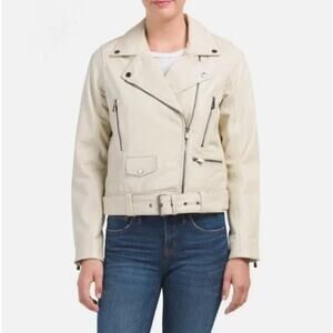 BOD & CHRISTENSEN Sizes L Asymmetric Zip Moto Leather Jacket in VANILLA